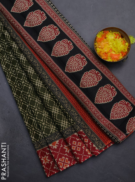 Muslin cotton saree sap green and red with allover prints and printed border