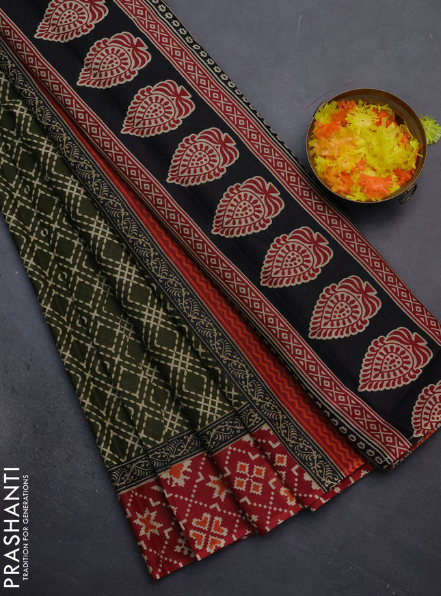 Muslin cotton saree sap green and red with allover prints and printed border
