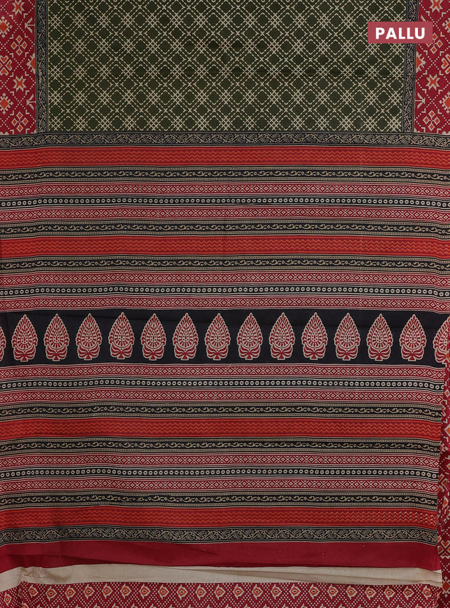 Muslin cotton saree sap green and red with allover prints and printed border