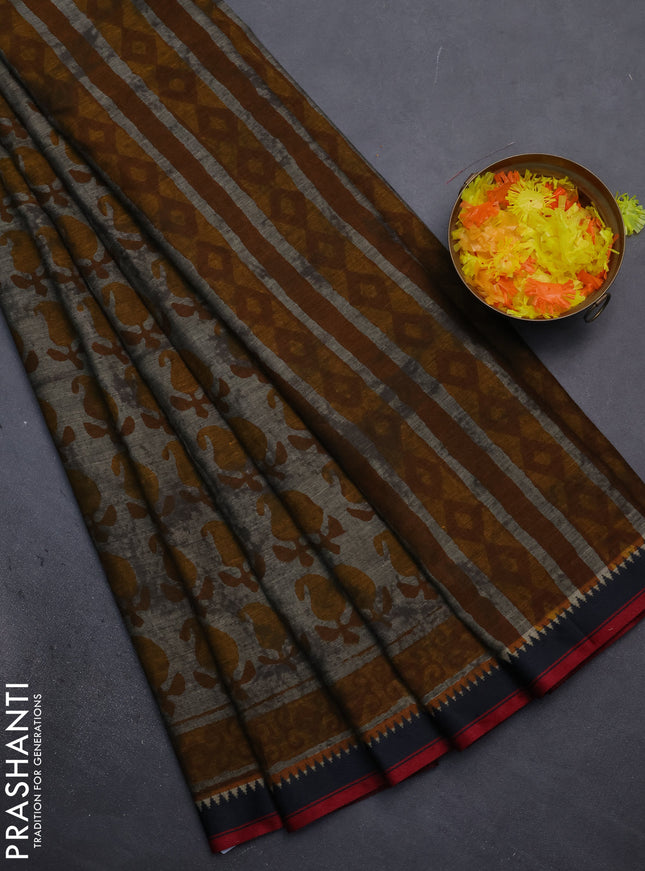 Muslin cotton saree grey mustard and black with paisley butta prints and woven border