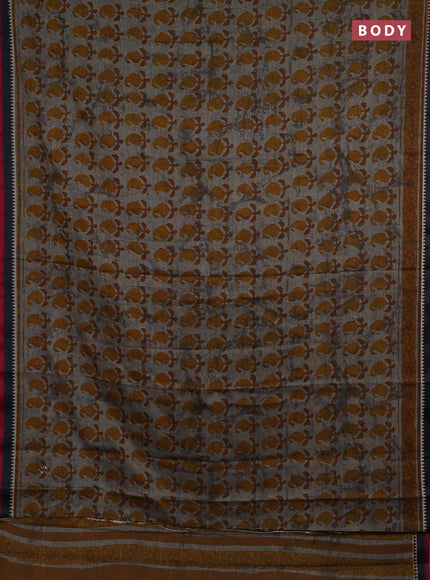 Muslin cotton saree grey mustard and black with paisley butta prints and woven border