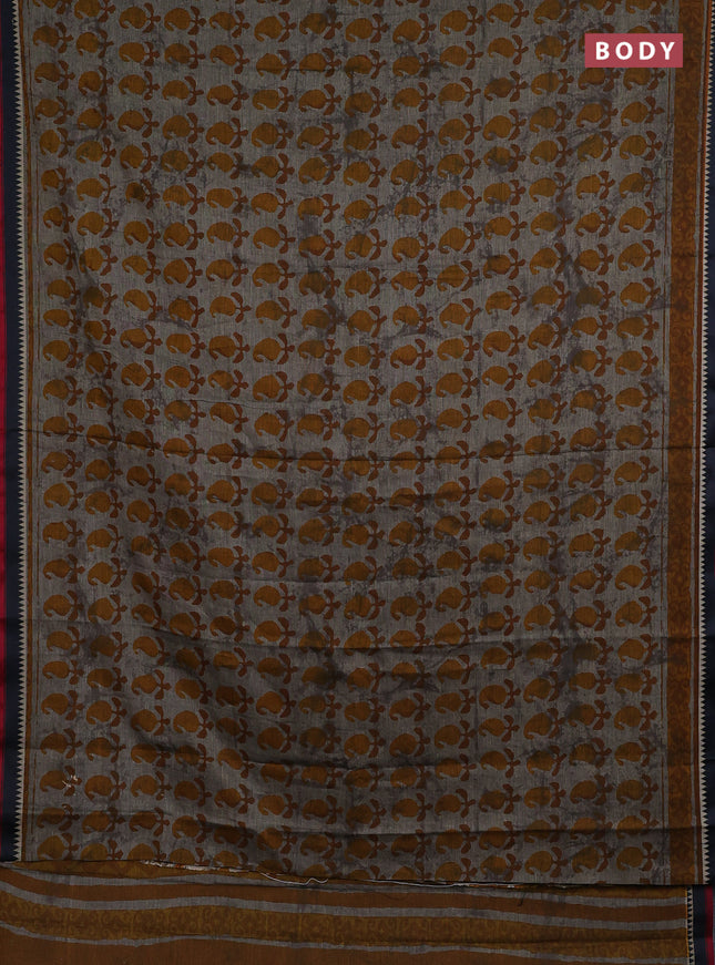 Muslin cotton saree grey mustard and black with paisley butta prints and woven border