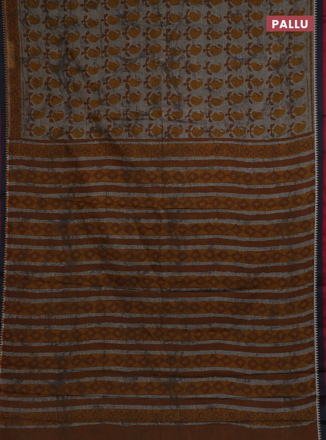 Muslin cotton saree grey mustard and black with paisley butta prints and woven border