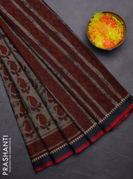 Muslin cotton saree grey rust and black with paisley butta prints and woven border