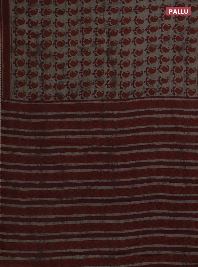 Muslin cotton saree grey rust and black with paisley butta prints and woven border