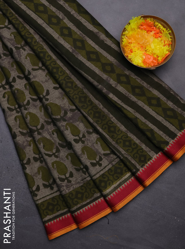 Muslin cotton saree grey sap green and maroon with paisley butta prints and woven border