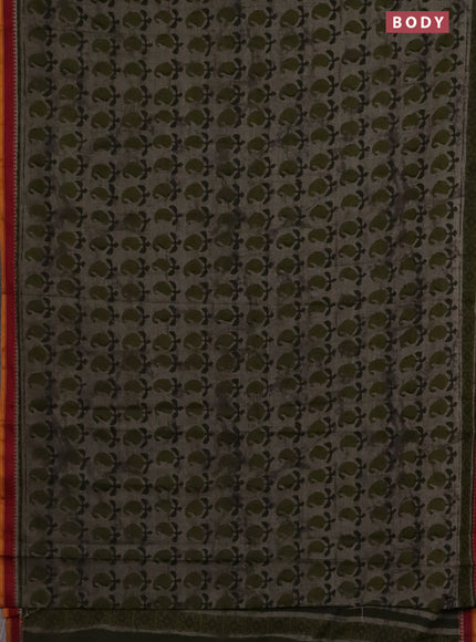 Muslin cotton saree grey sap green and maroon with paisley butta prints and woven border