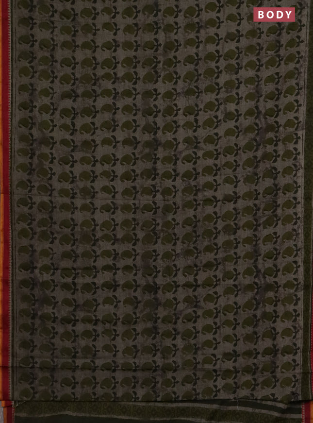 Muslin cotton saree grey sap green and maroon with paisley butta prints and woven border