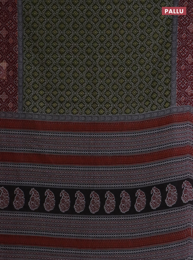 Muslin cotton saree grey sap green and maroon with paisley butta prints and woven border