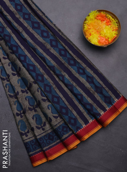 Muslin cotton saree grey blue and maroon with paisley butta prints and woven border