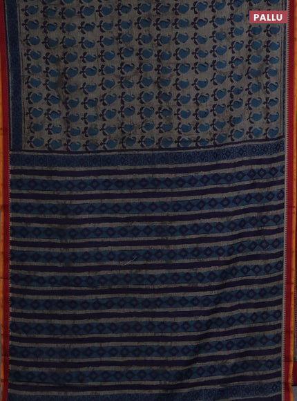 Muslin cotton saree grey blue and maroon with paisley butta prints and woven border