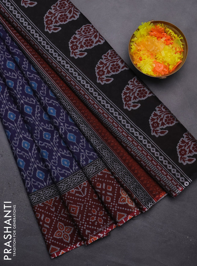 Muslin cotton saree blue and maroon with allover prints and printed border