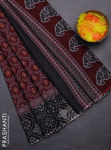 Muslin cotton saree maroon and black with allover prints and printed border