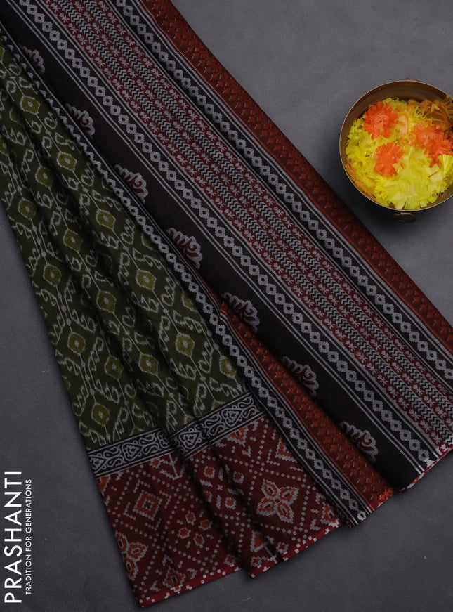 Muslin cotton saree sap green and maroon with allover prints and printed border