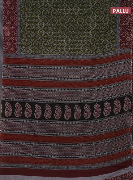 Muslin cotton saree sap green and maroon with allover prints and printed border