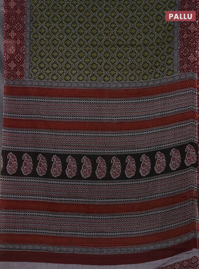 Muslin cotton saree sap green and maroon with allover prints and printed border