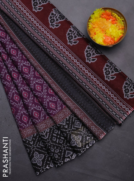 Muslin cotton saree deep purple and black with allover prints and printed border