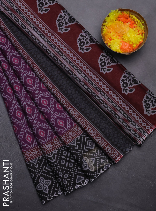 Muslin cotton saree deep purple and black with allover prints and printed border