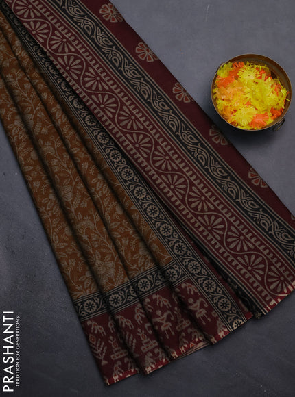 Muslin cotton saree mustad yellow and maroon with allover kalamkari prints and printed border