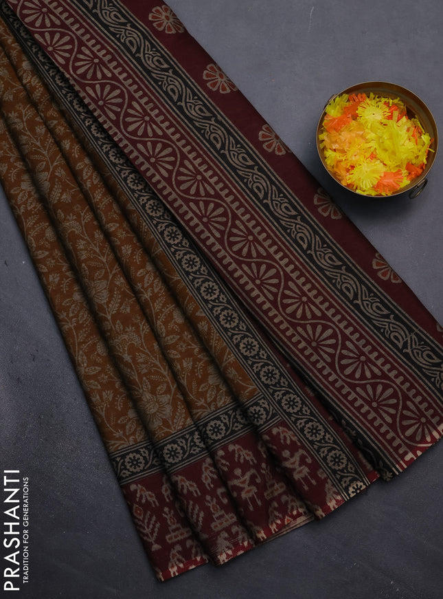Muslin cotton saree mustad yellow and maroon with allover kalamkari prints and printed border