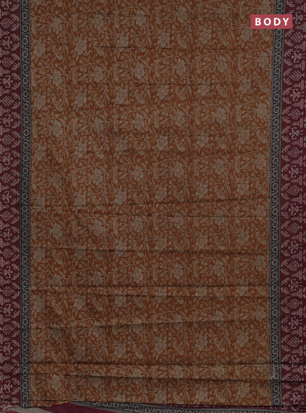 Muslin cotton saree mustad yellow and maroon with allover kalamkari prints and printed border