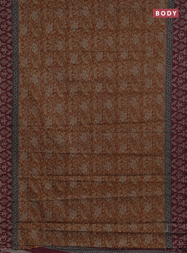 Muslin cotton saree mustad yellow and maroon with allover kalamkari prints and printed border