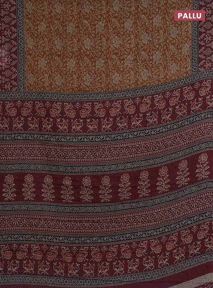 Muslin cotton saree mustad yellow and maroon with allover kalamkari prints and printed border