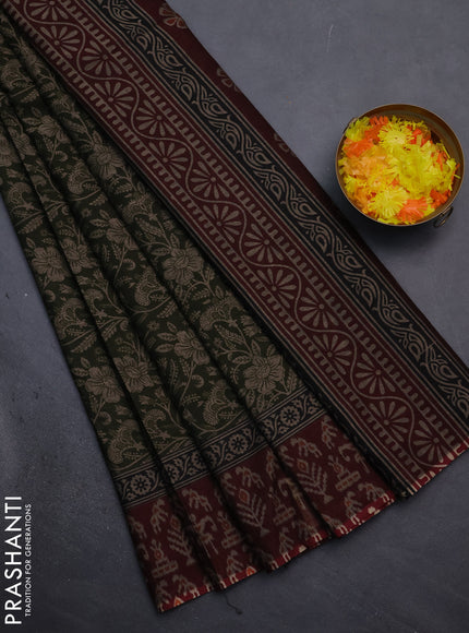 Muslin cotton saree sap green and maroon with allover kalamkari prints and printed border