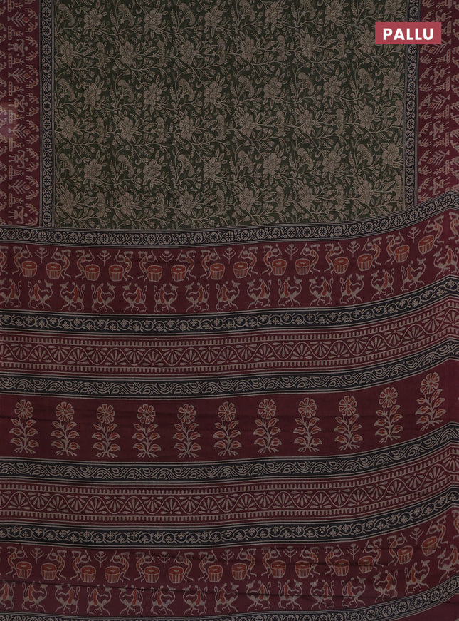 Muslin cotton saree sap green and maroon with allover kalamkari prints and printed border