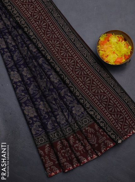 Muslin cotton saree navy blue and maroon with allover kalamkari prints and printed border