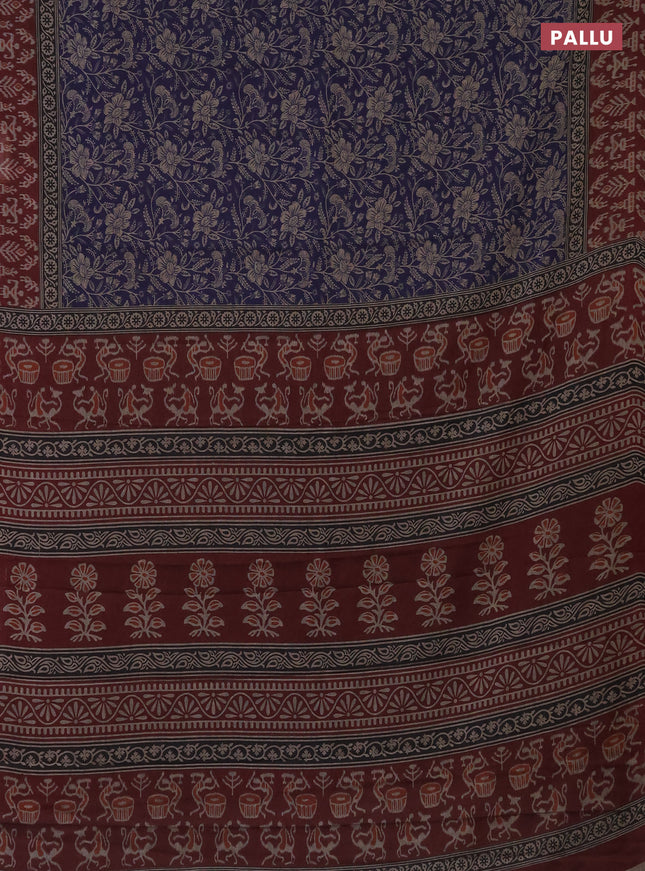 Muslin cotton saree navy blue and maroon with allover kalamkari prints and printed border