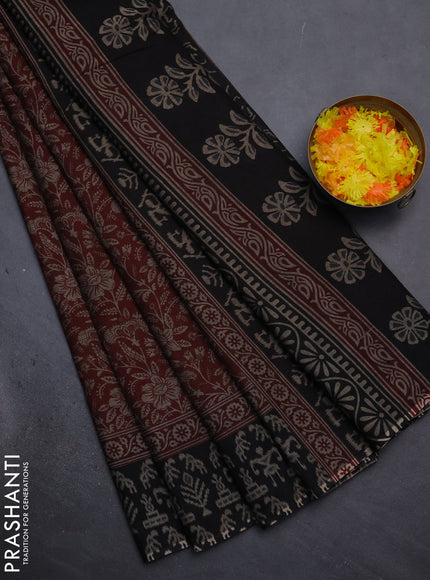 Muslin cotton saree maroon and black with allover kalamkari prints and printed border