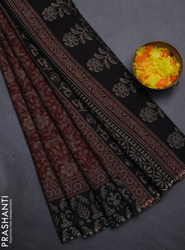 Muslin cotton saree maroon and black with allover kalamkari prints and printed border
