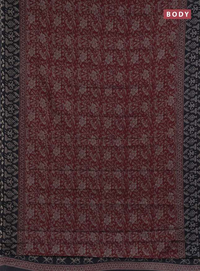 Muslin cotton saree maroon and black with allover kalamkari prints and printed border