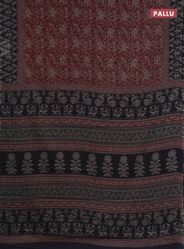 Muslin cotton saree maroon and black with allover kalamkari prints and printed border