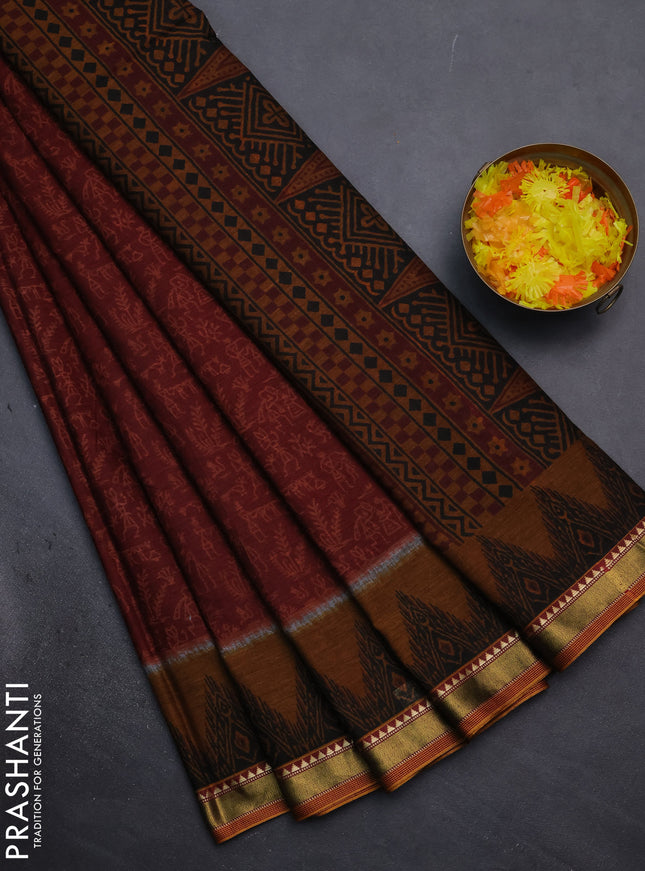 Muslin cotton saree maroon and dark mustard with warli prints and woven border
