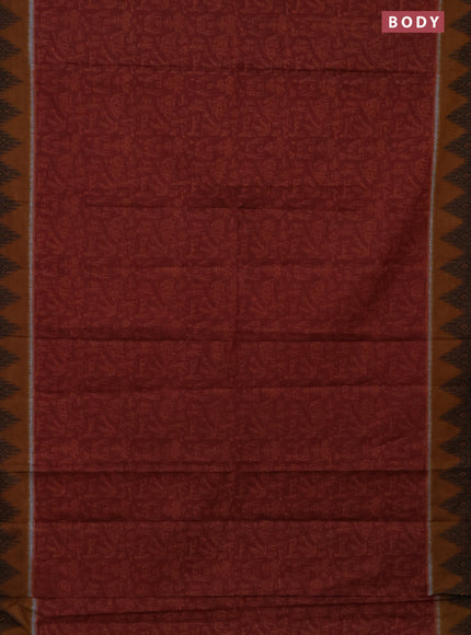 Muslin cotton saree maroon and dark mustard with warli prints and woven border