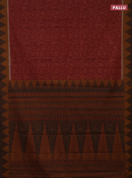 Muslin cotton saree maroon and dark mustard with warli prints and woven border