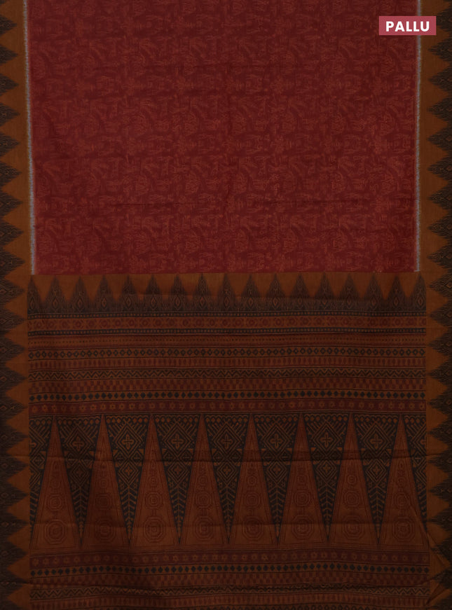 Muslin cotton saree maroon and dark mustard with warli prints and woven border