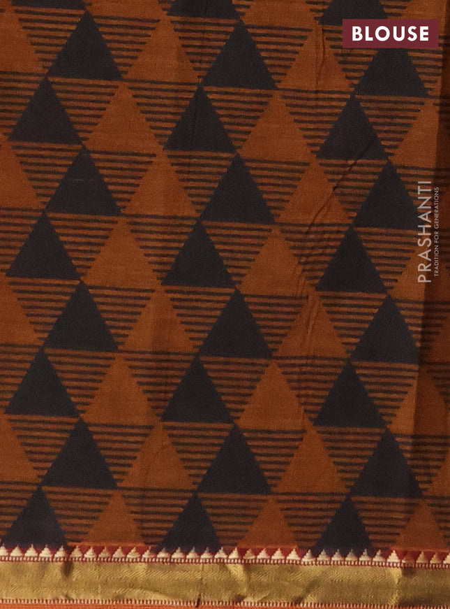 Muslin cotton saree maroon and dark mustard with warli prints and woven border