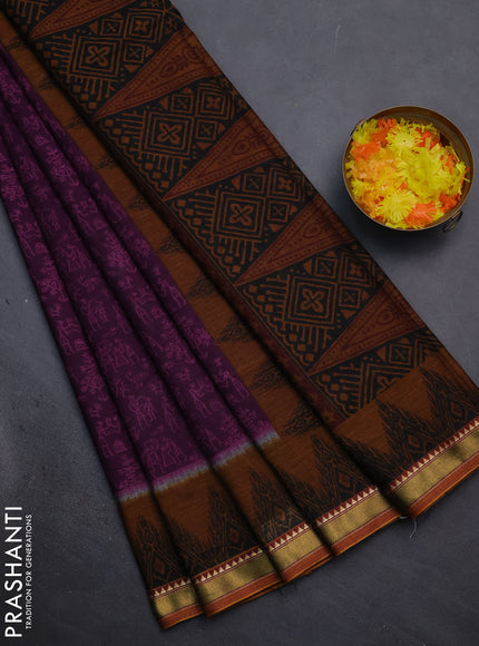 Muslin cotton saree purple and dark mustard with warli prints and woven border