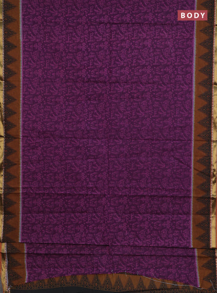Muslin cotton saree purple and dark mustard with warli prints and woven border