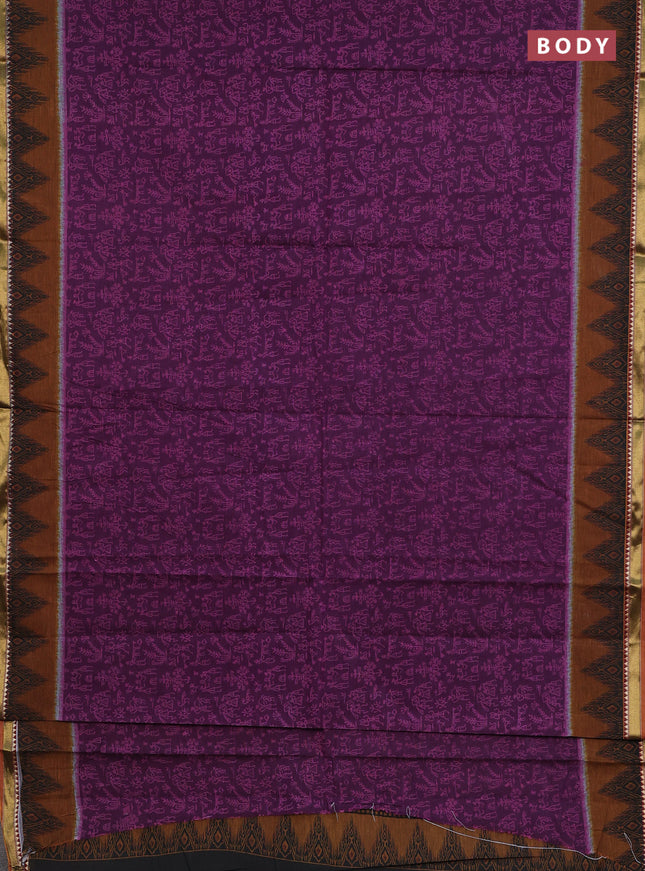 Muslin cotton saree purple and dark mustard with warli prints and woven border