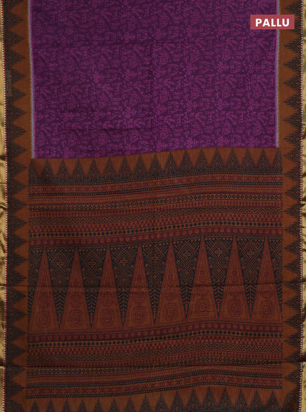 Muslin cotton saree purple and dark mustard with warli prints and woven border