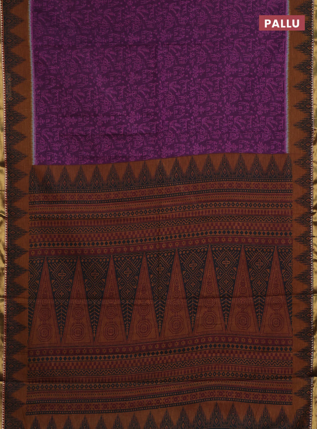 Muslin cotton saree purple and dark mustard with warli prints and woven border