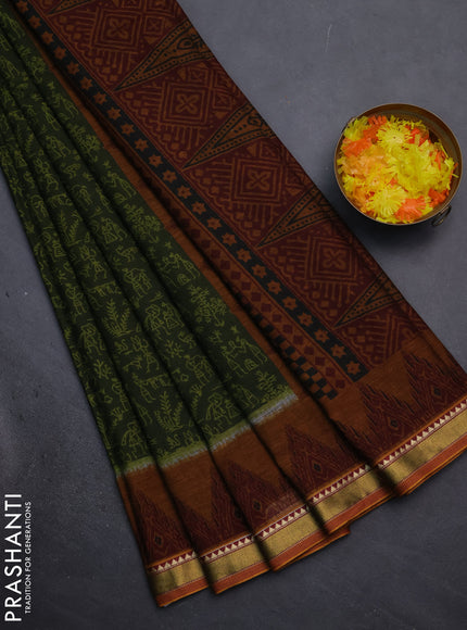 Muslin cotton saree sap green and dark mustard with warli prints and woven border