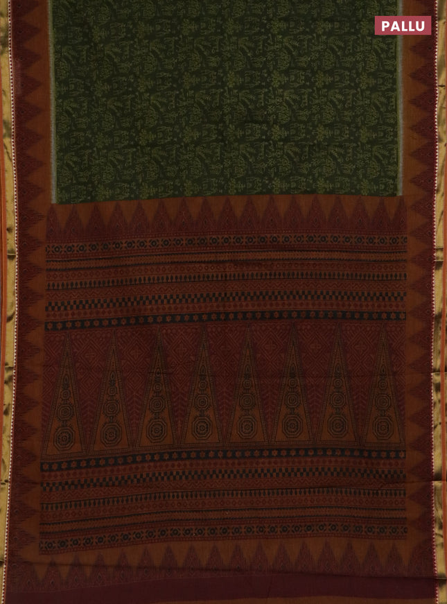 Muslin cotton saree sap green and dark mustard with warli prints and woven border