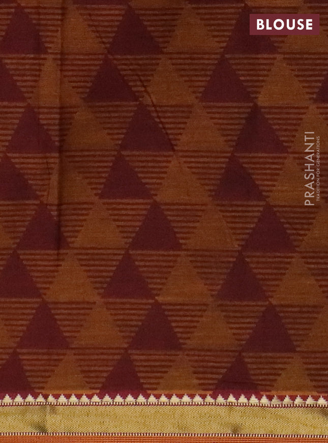 Muslin cotton saree sap green and dark mustard with warli prints and woven border