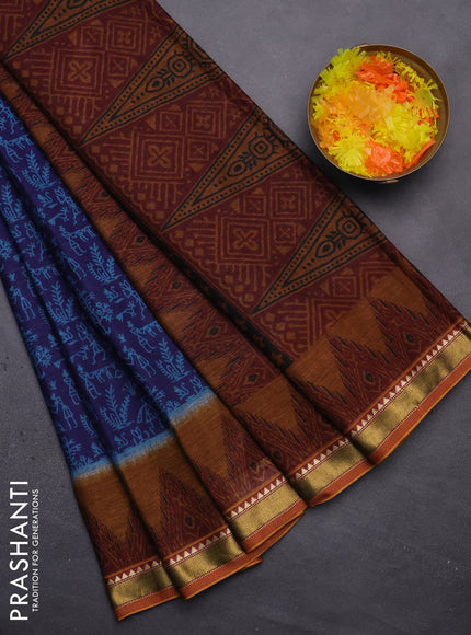 Muslin cotton saree blue and dark mustard with warli prints and woven border