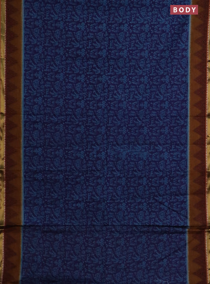 Muslin cotton saree blue and dark mustard with warli prints and woven border